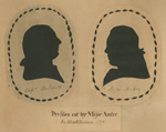 Silhouettes of two white men with ponytails facing each other. Silhouettes surrounded by a dotted line.