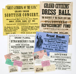 Posters, placards, and admission tickets from events held to raise funds for Philadelphia’s two volunteer refreshment saloons and their hospitals, 1861-1864, with albumen carte de visite photograph by H. C. Phillips of the Union Volunteer Refreshment Saloon; largest piece 17 ¼ by 13 ½ inches. Gift of John A. McAllister.